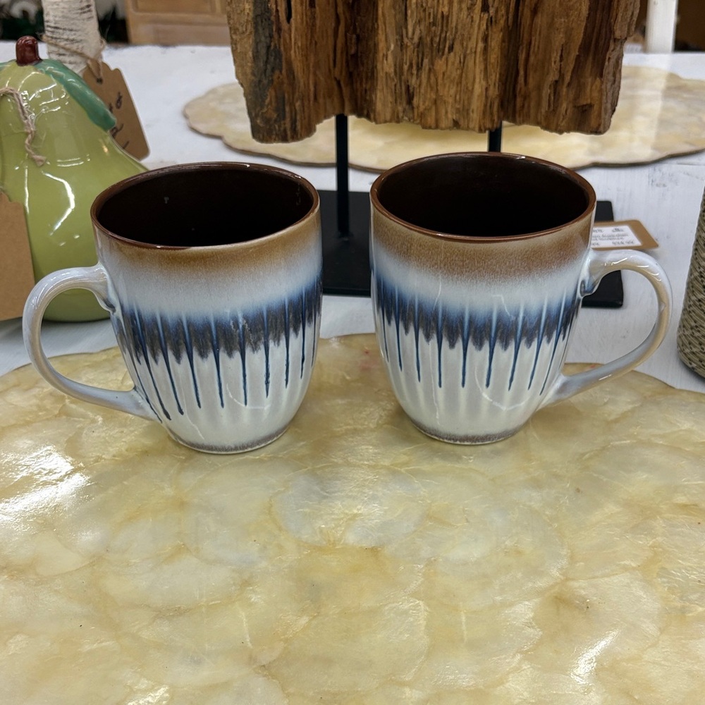 Pair of Drip Dry Stoneware Coffee Mugs - Blue and Brown